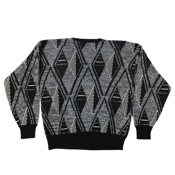 VINTAGE SASSON Mens XL Black White Gray Geometric Knit Pullover Crewneck Sweater - Picture 4 of 6